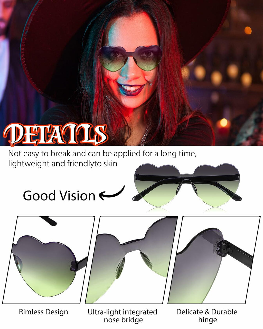 Photect 12 Pair Heart Sunglasses Gradient Green Yellow Purple Trendy Bulk