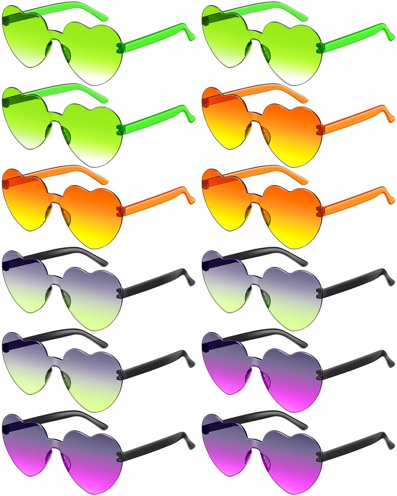 Photect 12 Pair Heart Sunglasses Gradient Green Yellow Purple Trendy Bulk