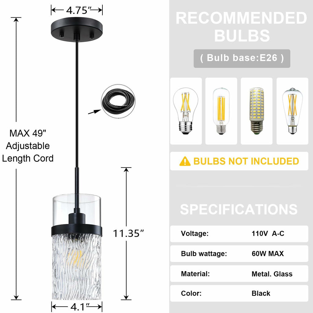 RAINLIGHTING 3 Pack Kitchen Island Pendant Lights Clear Grey Glass Black