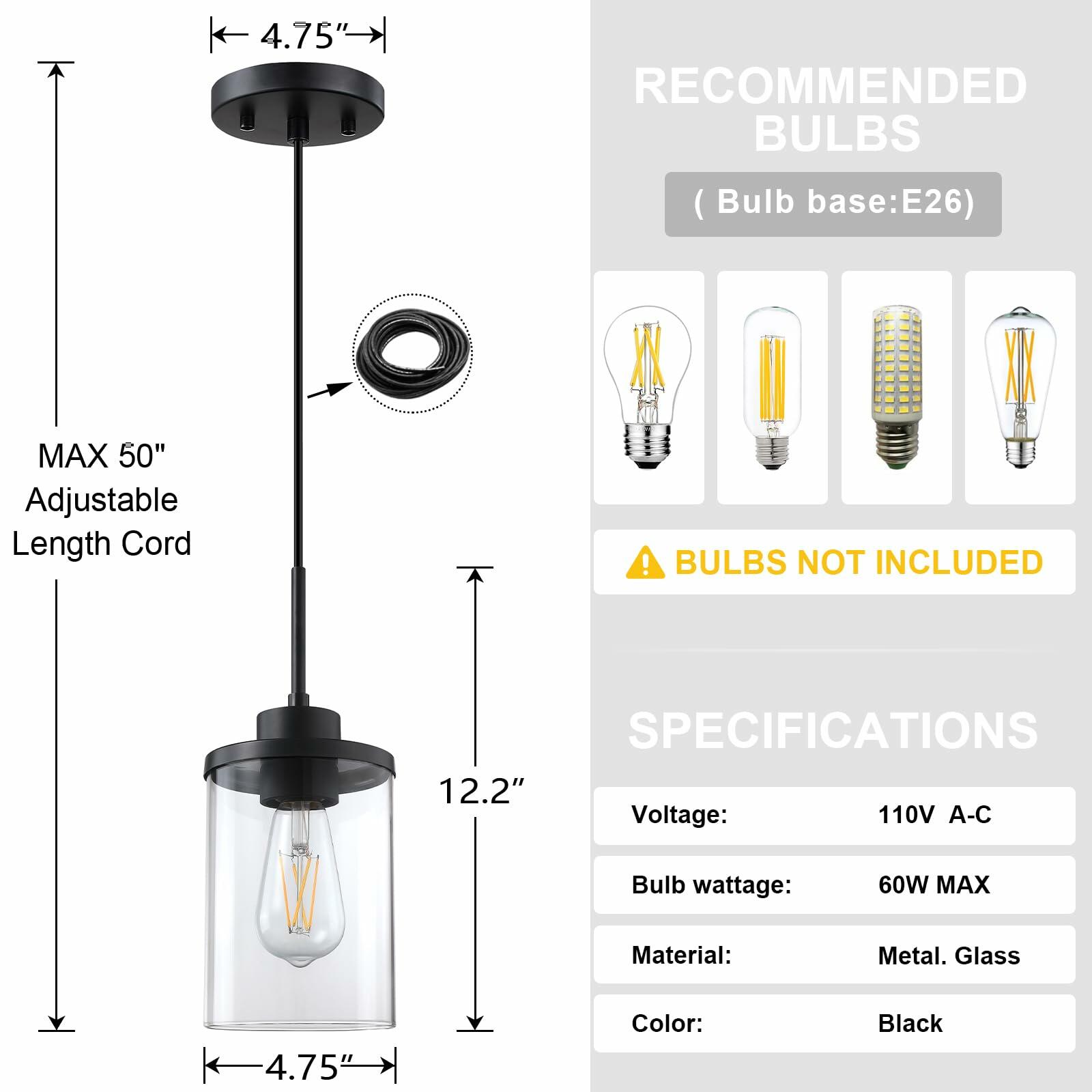 3 Pack Modern Farmhouse Pendant Light 4.7" Clear Glass Black Finish