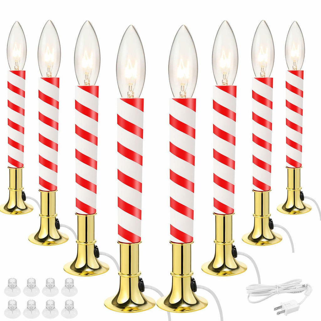 Aurelema 8 Pc Red White Candy Cane Flameless Window Candles Electric Plug-in