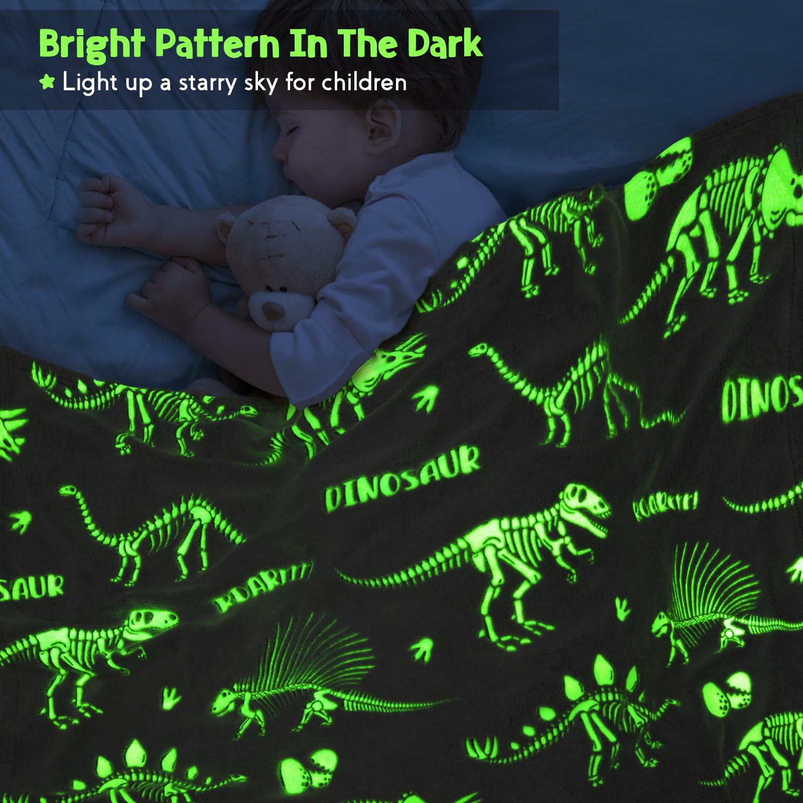 Dinosaur Glow in Dark Blanket Soft Cozy Kids Throw 50x60 Gray