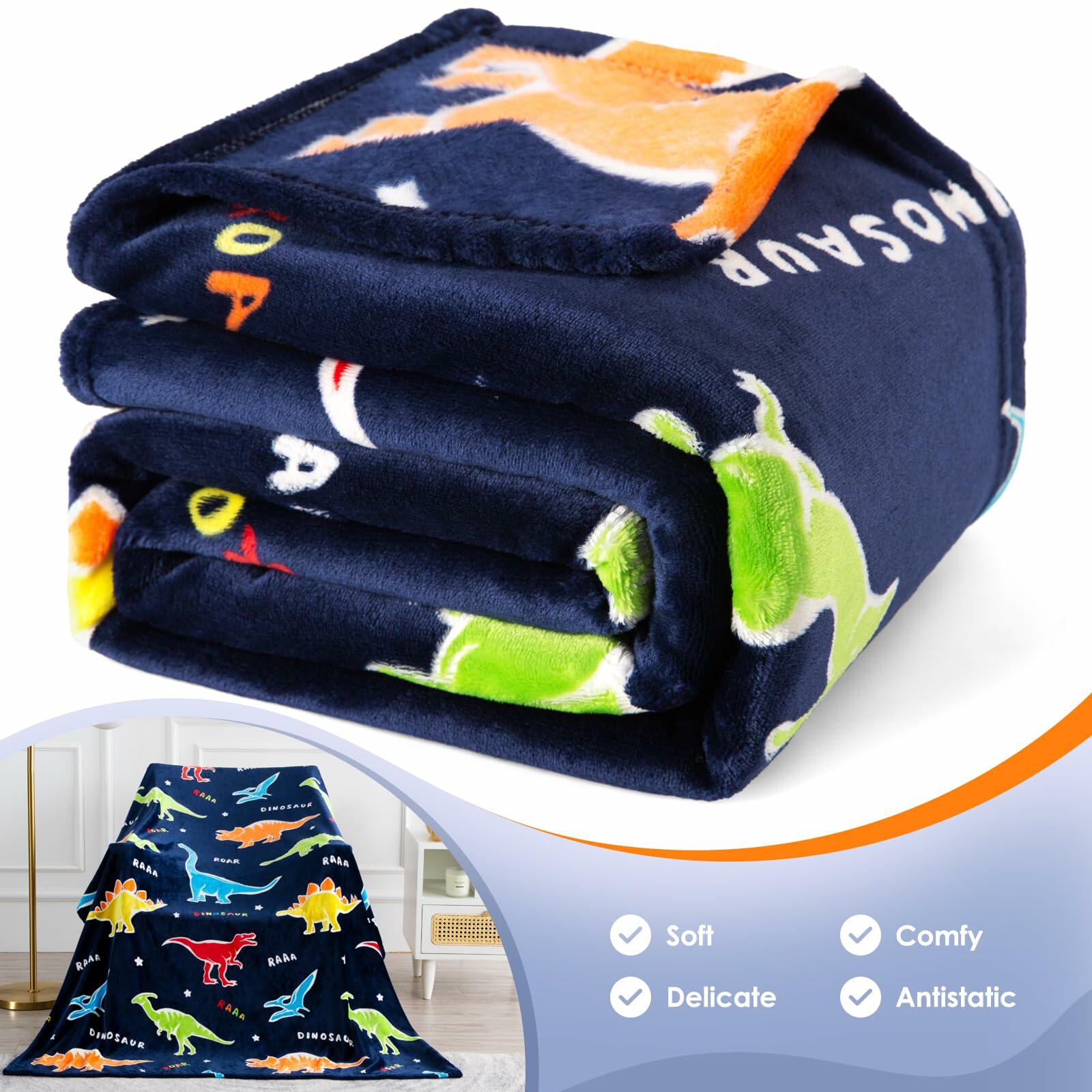 Jekeno Dinosaur Glow in Dark Plush Throw Blanket Navy Blue 50x60in