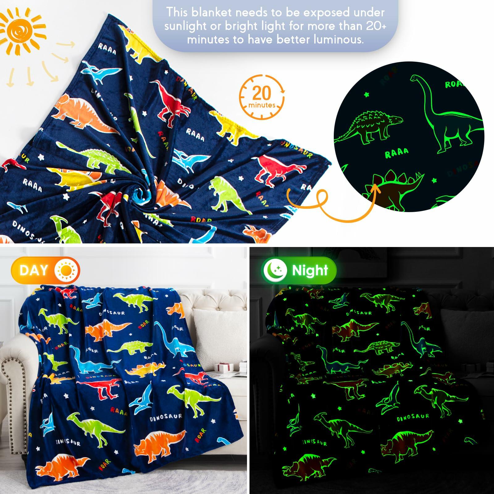 Jekeno Dinosaur Glow in Dark Plush Throw Blanket Navy Blue 50x60in