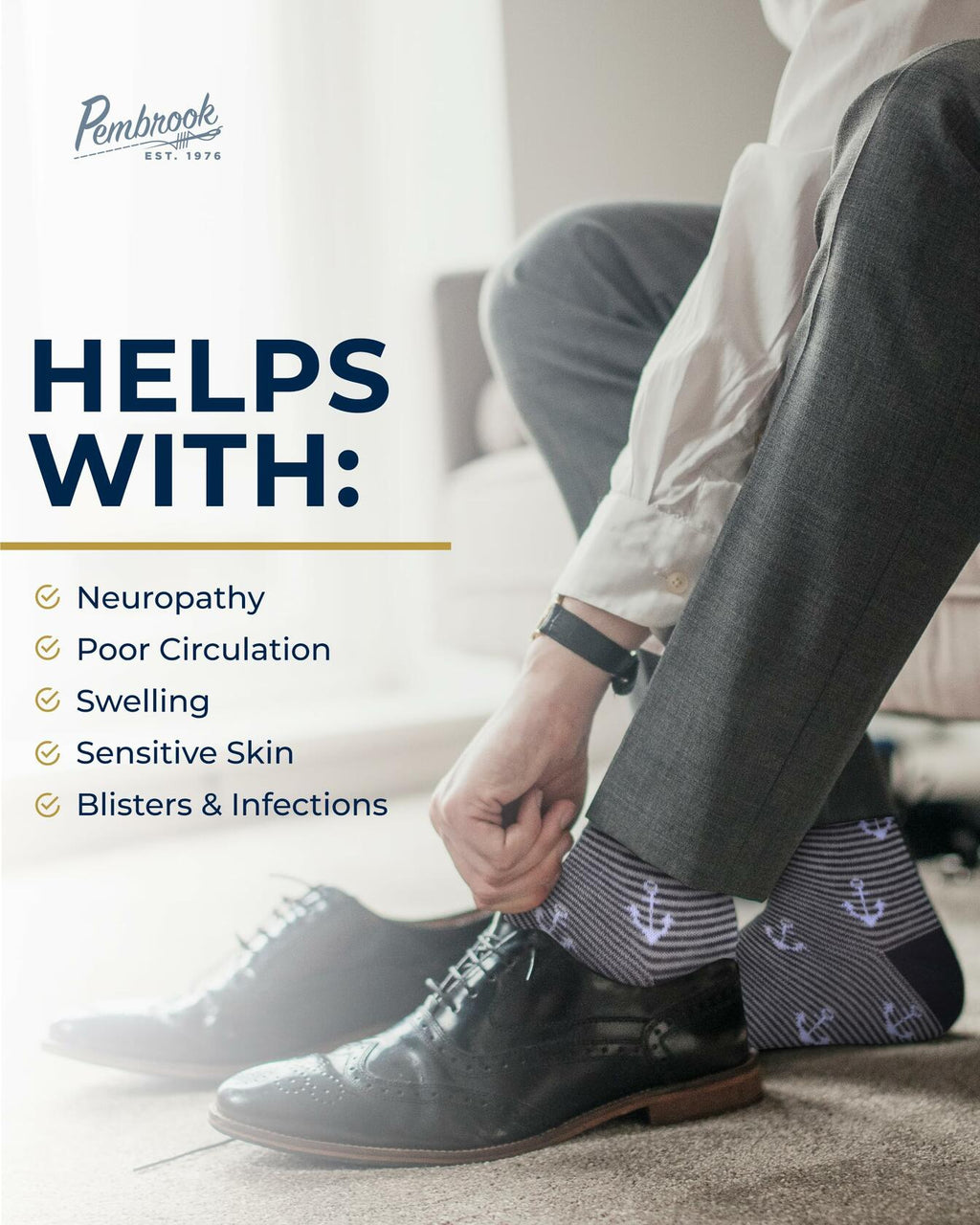 Pembrook Diabetic Dress Socks Men 4 Pairs Odor-Free Work Casual Blue - Size M