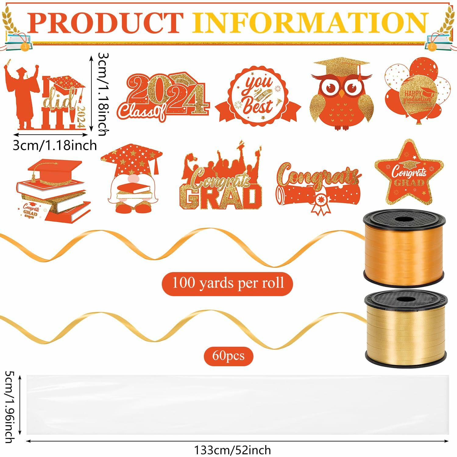 60 Set Orange Gold Candy Lei Tubing 2 Inch Graduation Kit Clear Poly 2024