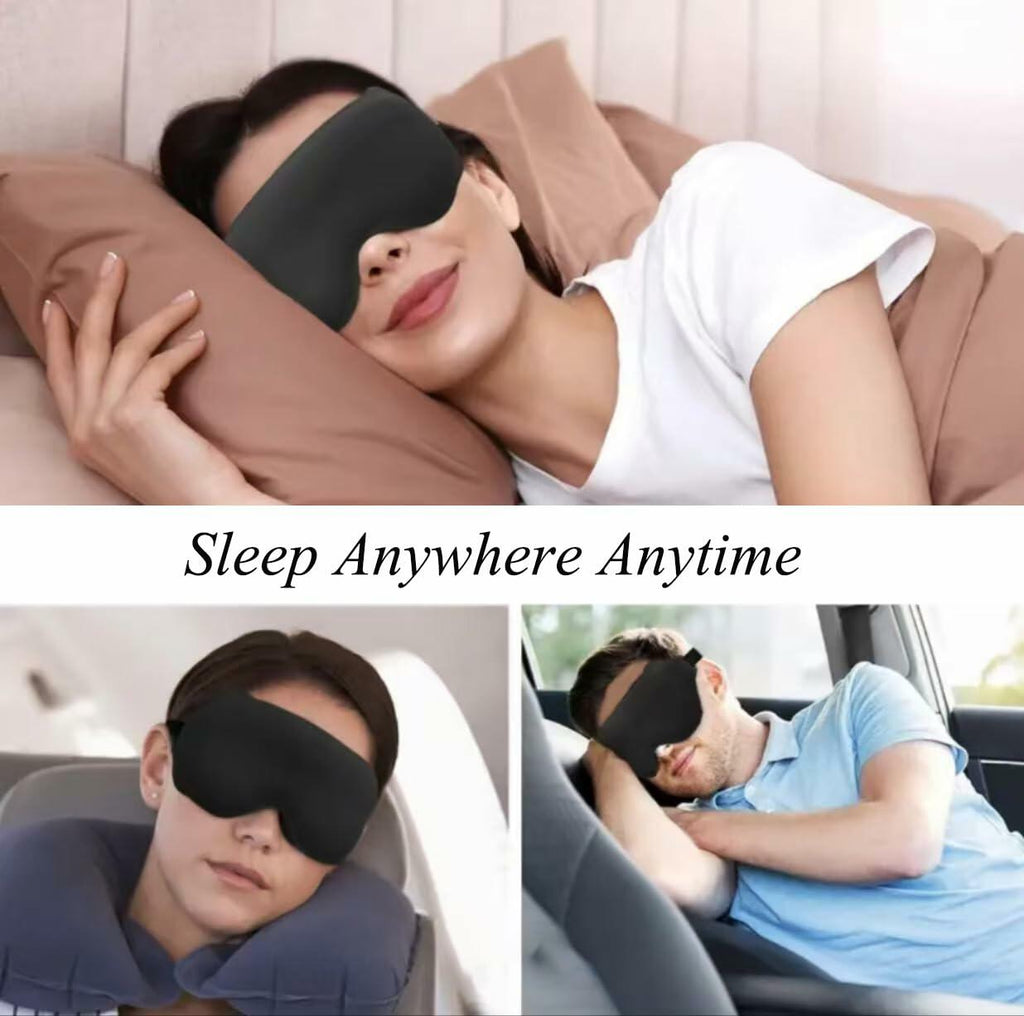 3D Contoured Sleep Mask Black Adjustable Headband 100% Light Blocking Travel