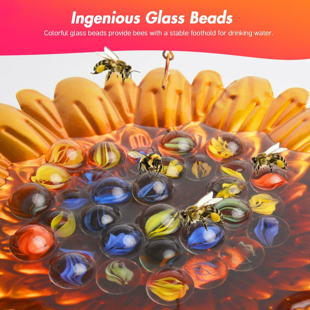 Bee Watering Station Hanging Feeder with Glass Marbles Sunflower Pattern