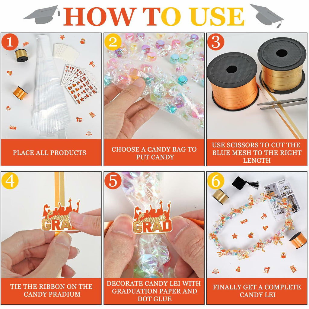 60 Set Orange Gold Candy Lei Tubing 2 Inch Graduation Kit Clear Poly 2024