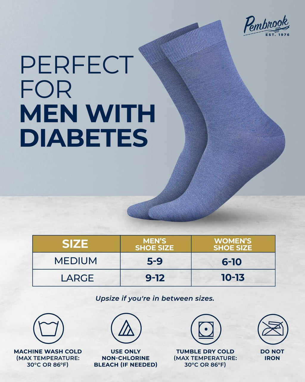 Pembrook Diabetic Dress Socks Men 4 Pairs Odor-Free Work Casual Blue - Size M