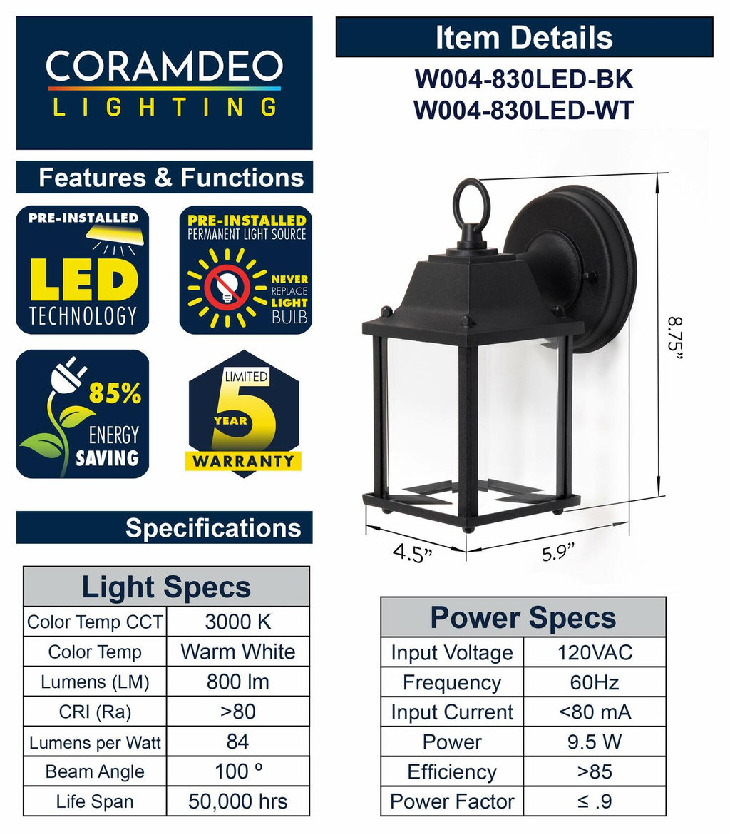 CORAMDEO Outdoor LED Wall Sconce Light White Cast Aluminum 800 Lumens 3K