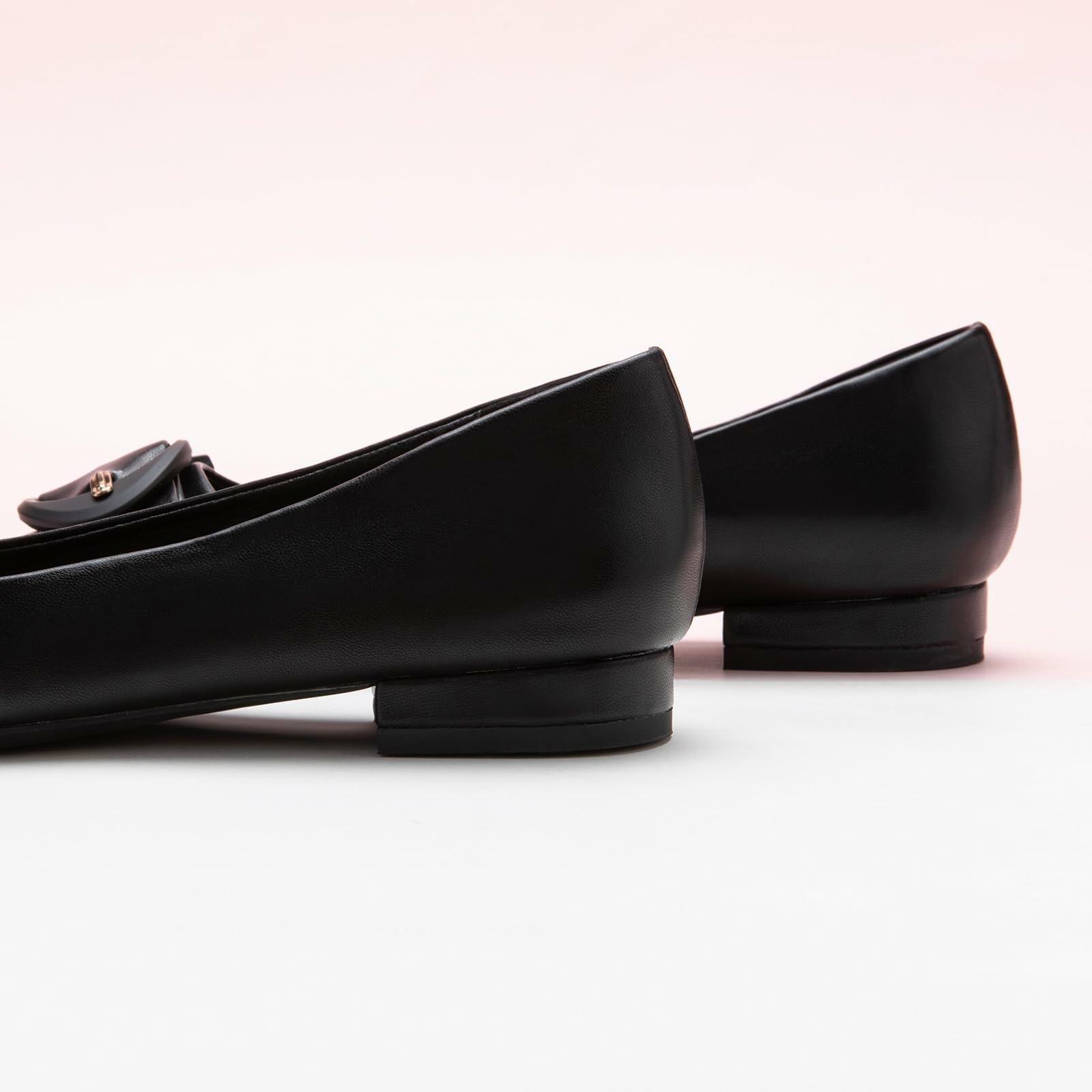C.Paravano Women's Black Leather Pointed Toe Flats Comfortable Slip-On Shoes 6.5