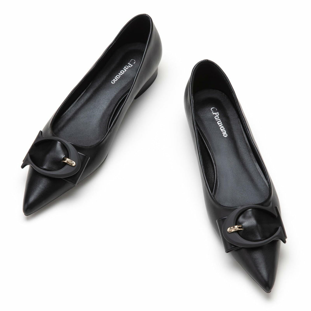 C.Paravano Women's Black Leather Pointed Toe Flats Comfortable Slip-On Shoes 6.5