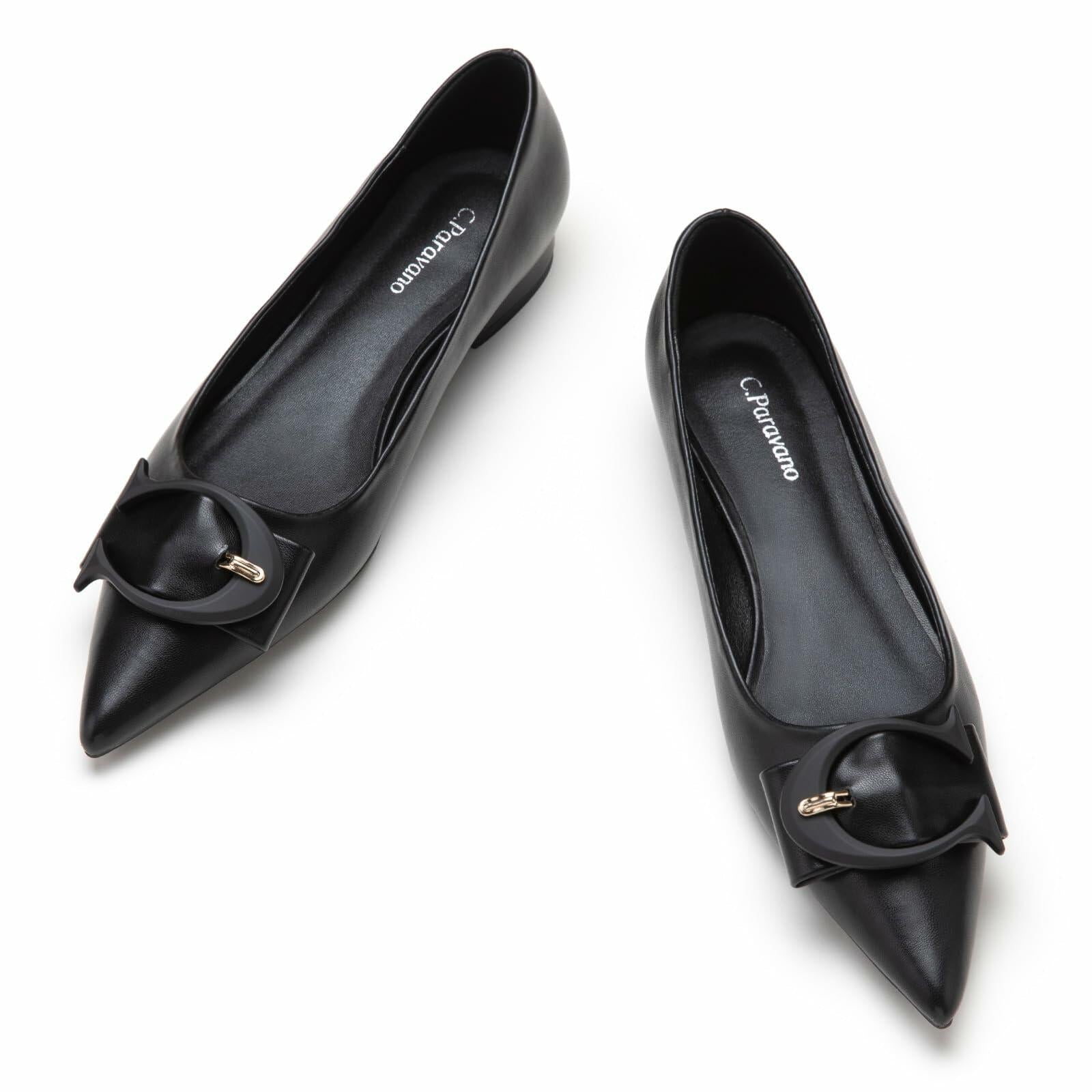 C.Paravano Women's Black Leather Pointed Toe Flats Comfortable Slip-On Shoes 6.5