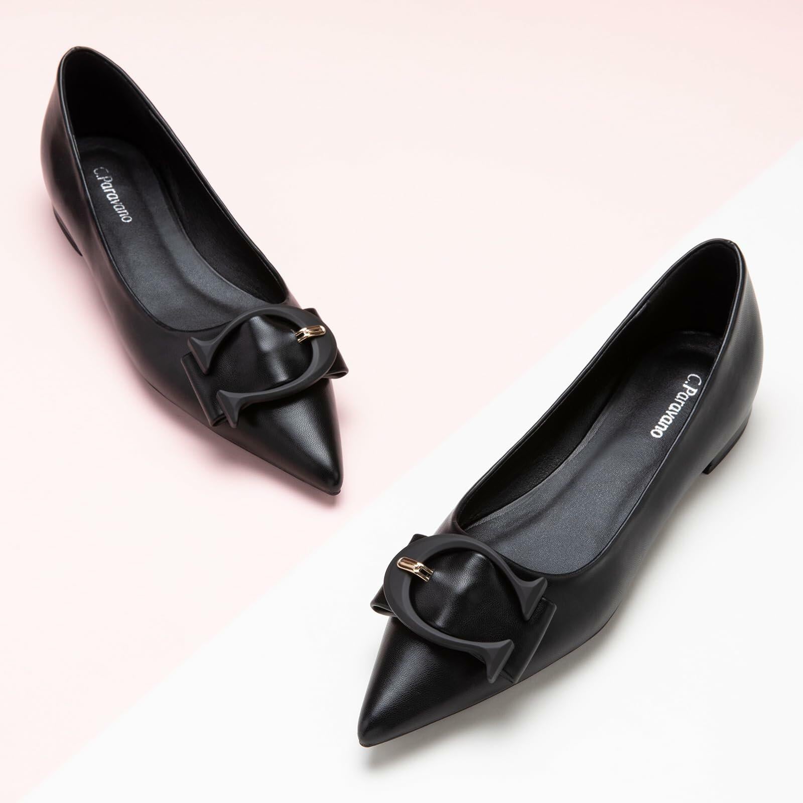 C.Paravano Women's Black Leather Pointed Toe Flats Comfortable Slip-On Shoes 6.5