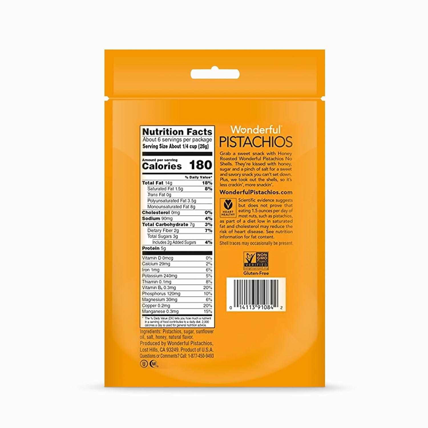 BestBy01/25 Wonderful Pistachios Honey Roasted No Shells Protein Snack 5.5oz Bag