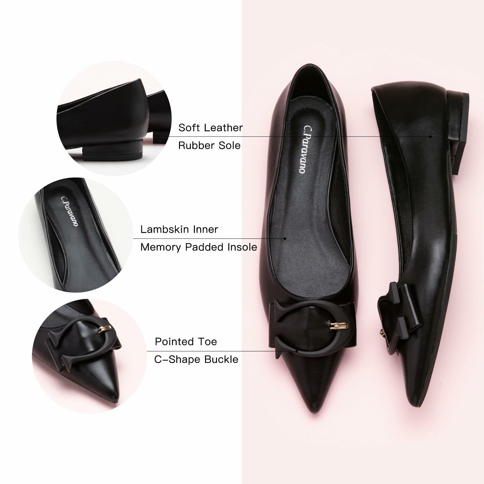 C.Paravano Women's Black Leather Pointed Toe Flats Comfortable Slip-On Shoes 6.5