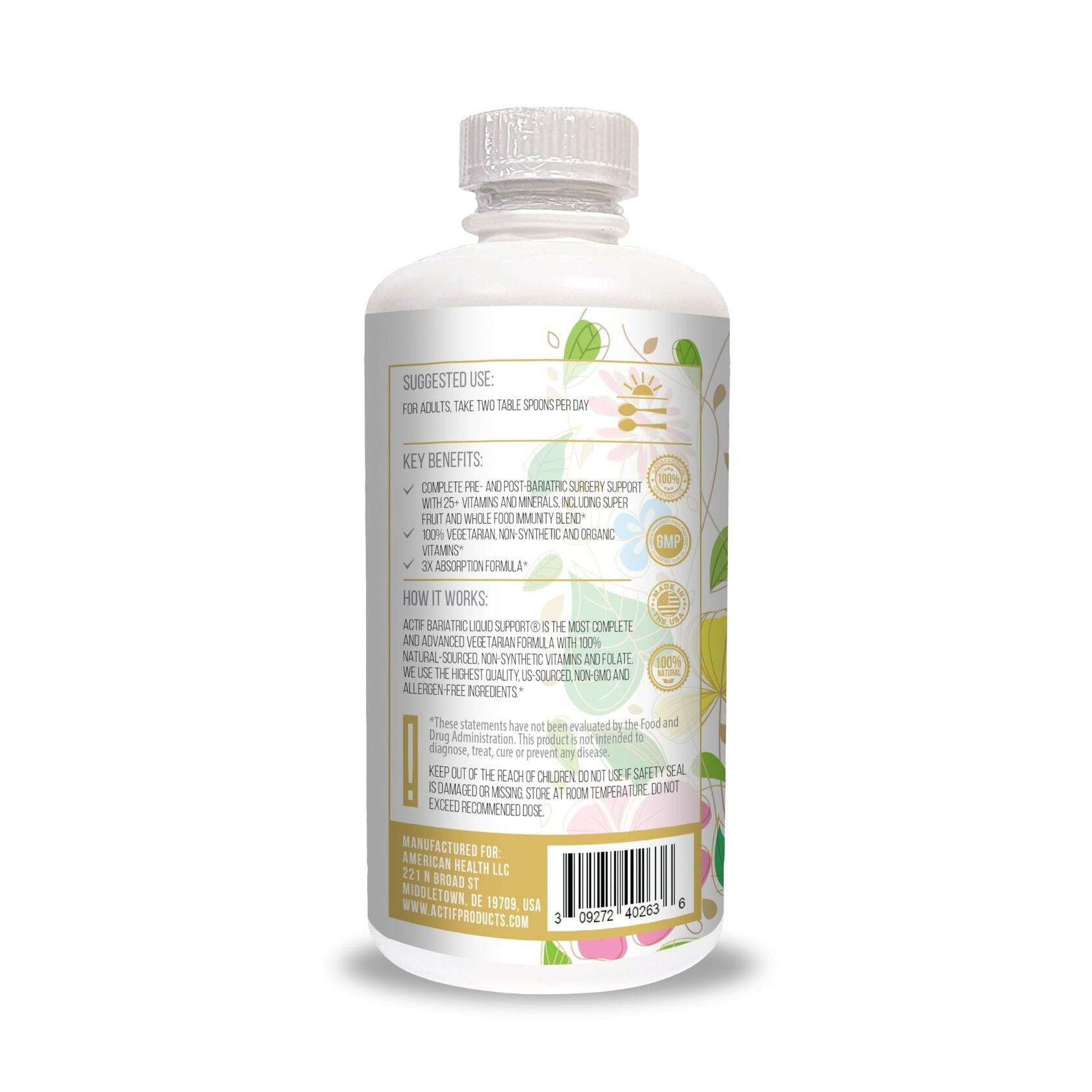 Actif Organic Bariatric Liquid Support 32oz Advanced Formula Non GMO