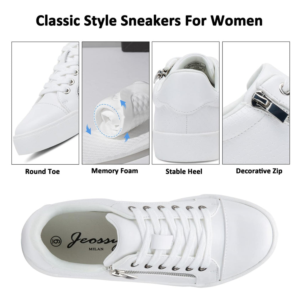 [Like New] Jeossy Women's White Flat Low Top Cap Toe Sneakers with Zipper Size 9