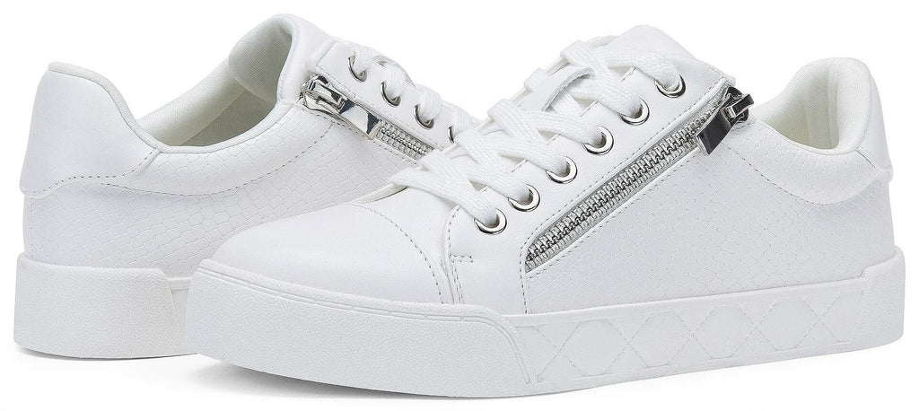 [Like New] Jeossy Women's White Flat Low Top Cap Toe Sneakers with Zipper Size 9