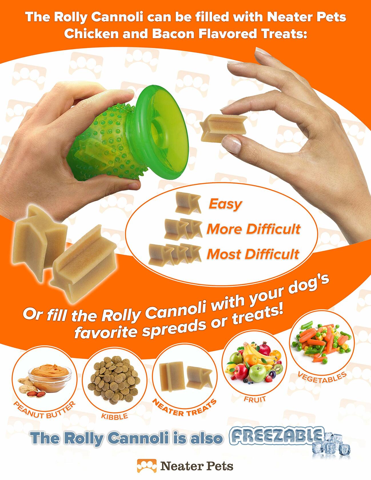 Neater Pet Rolly Cannoli Large Clear Orange Dog Toy Mess Proof Treat Toy