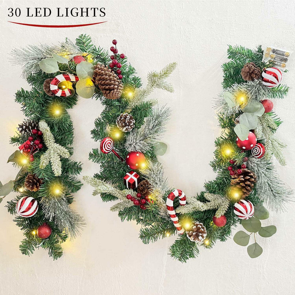 WANNA-CUL 6ft Pre-Lit Christmas Garland Red White 30 LED Battery Operated