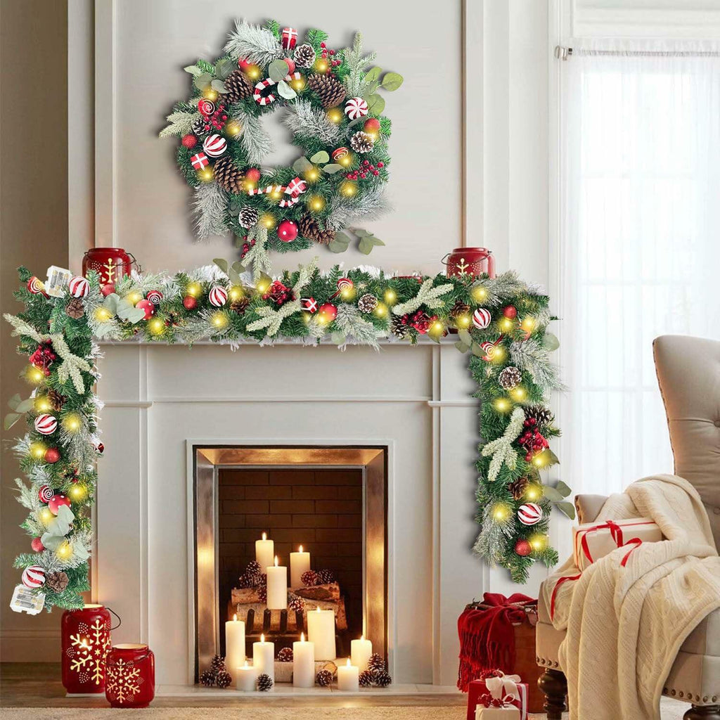 WANNA-CUL 6ft Pre-Lit Christmas Garland Red White 30 LED Battery Operated