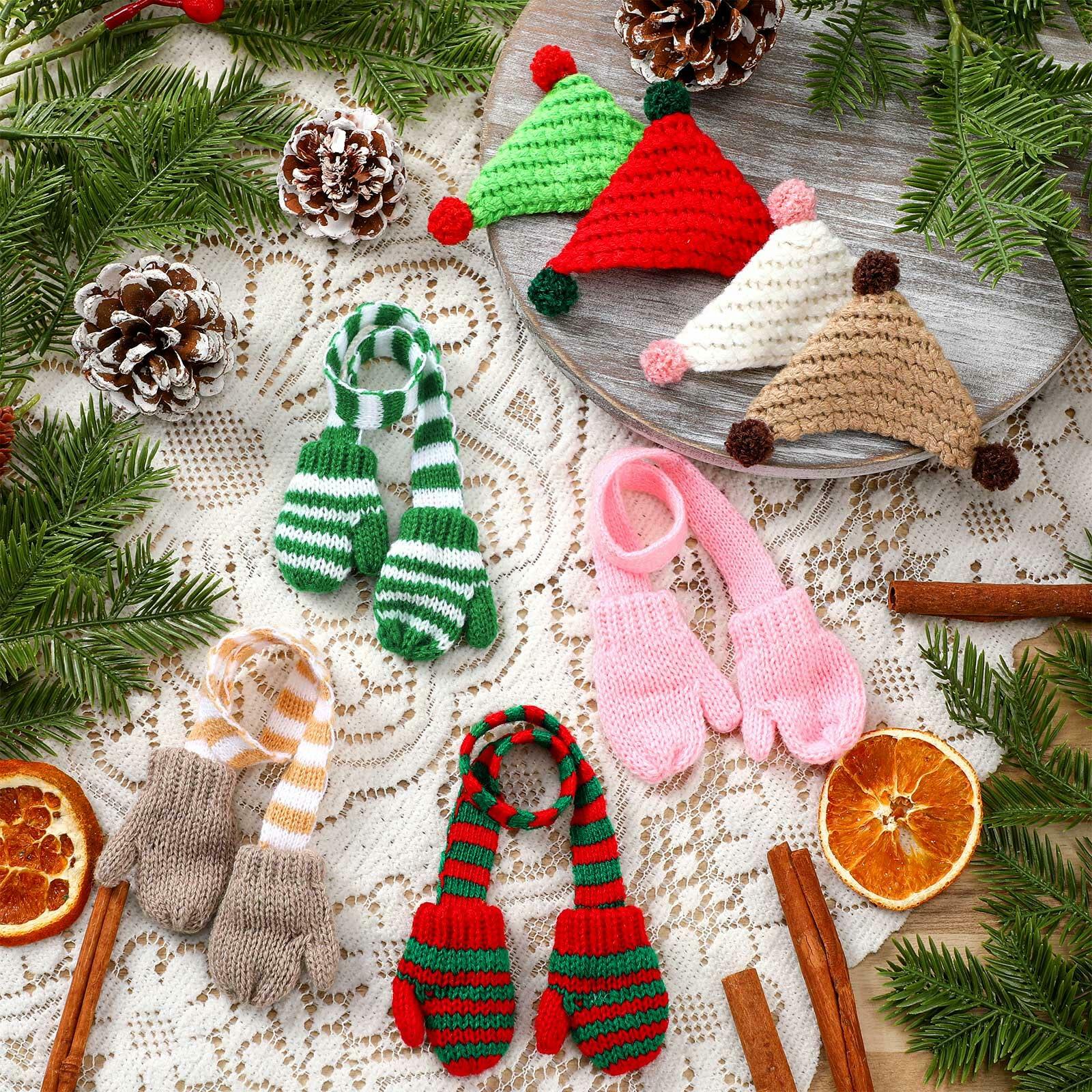 Geyoga 8 Pc Mini Knit Doll Hats & Scarves Set Mini Santa Hats Red White Green