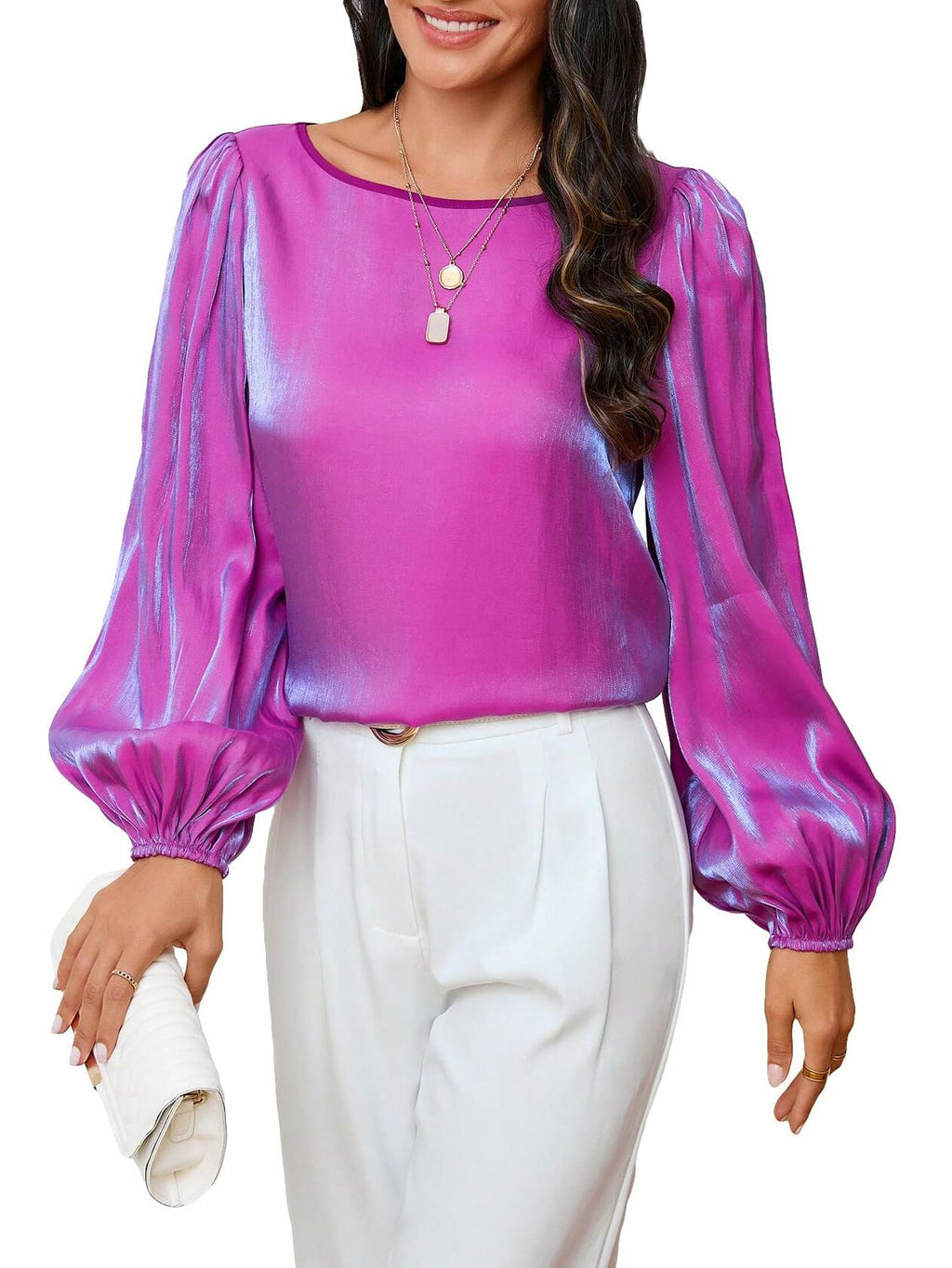 MakeMeChic Satin Blouse Purple M Women's Long Sleeve Round Neck Top