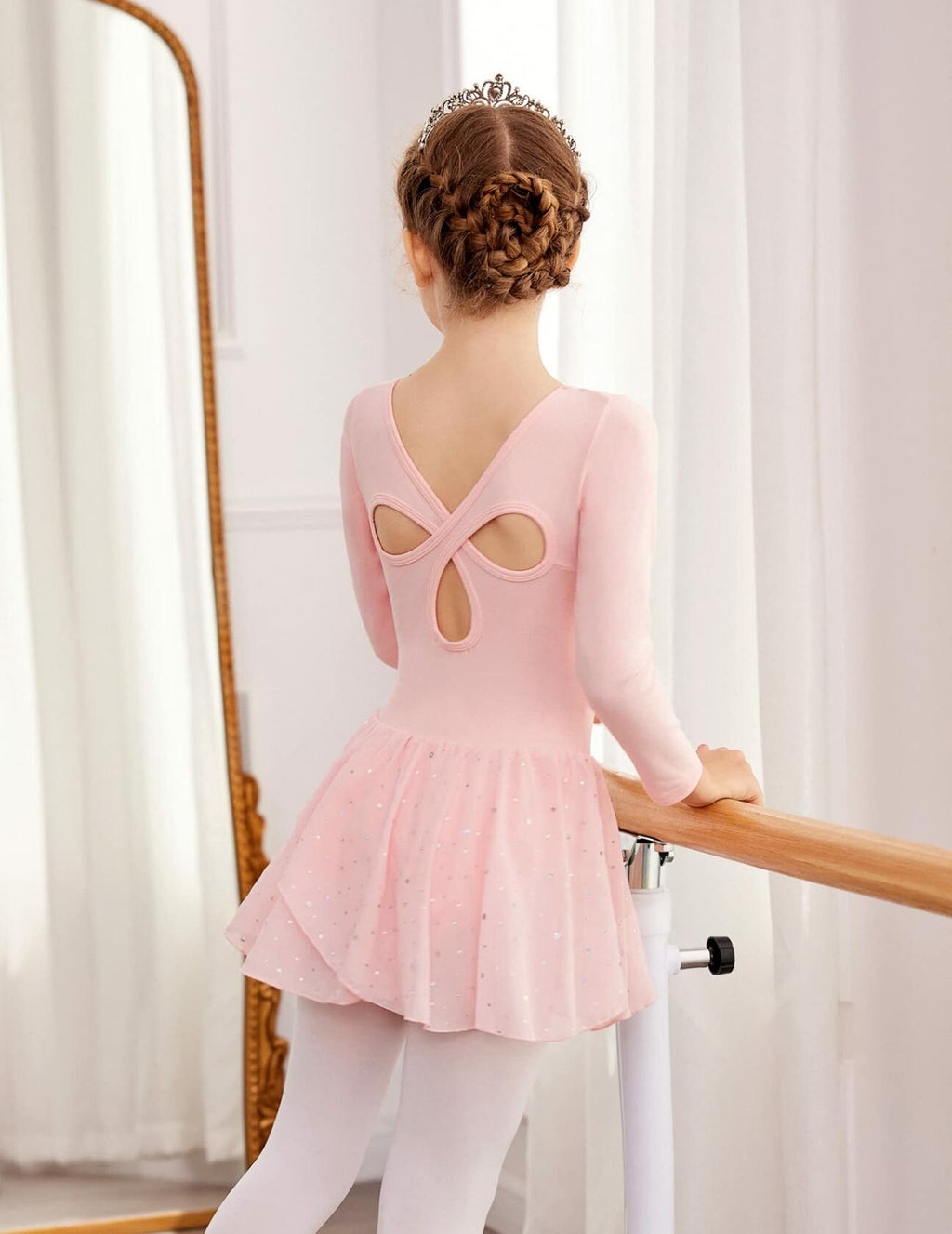 Arshiner Girls Ballet Leotard with Skirt Pink Long Sleeve Hollow Back -Size10-11