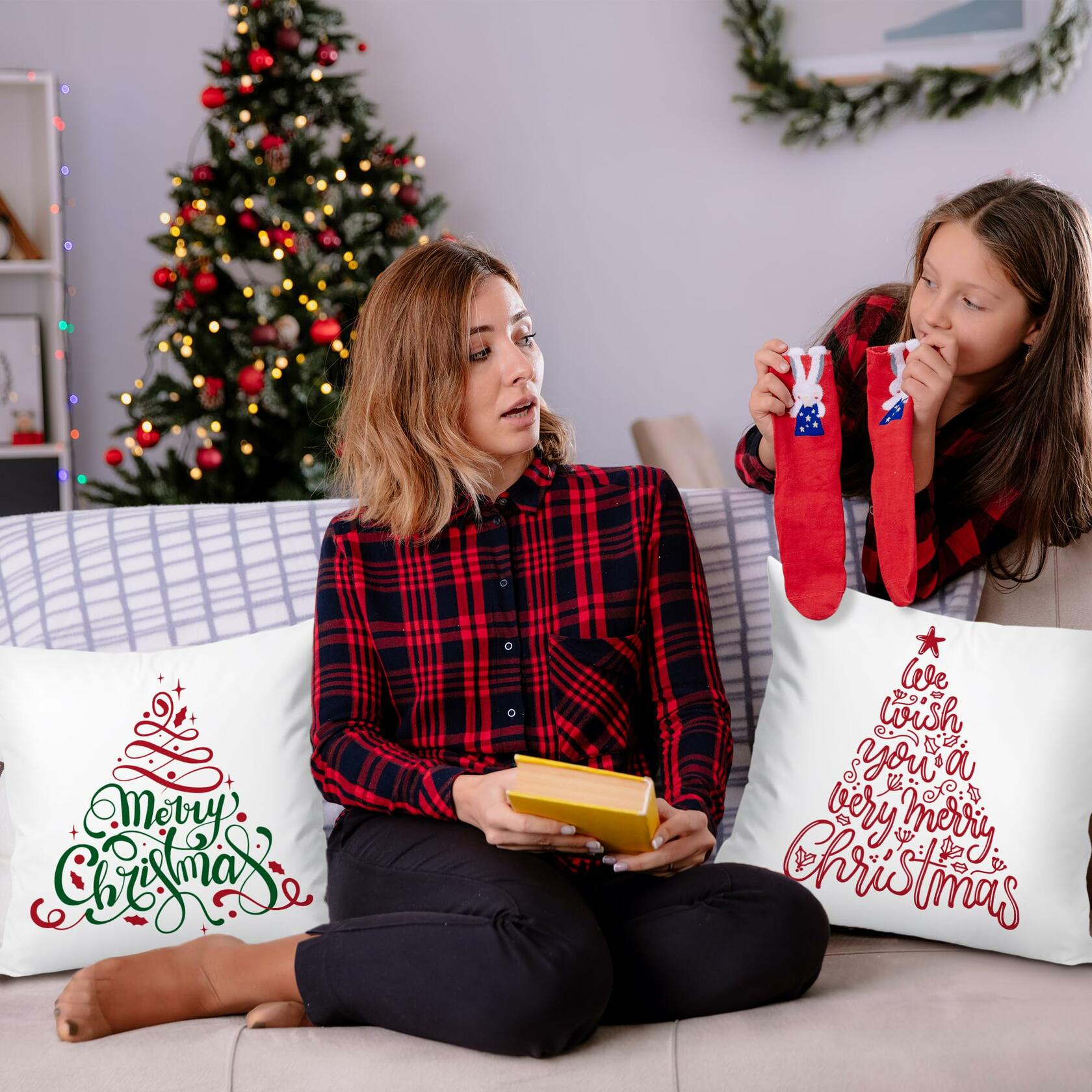 Jvpke 2-Pack 18x18 Red Green Christmas Tree Pillow Covers Xmas Decor
