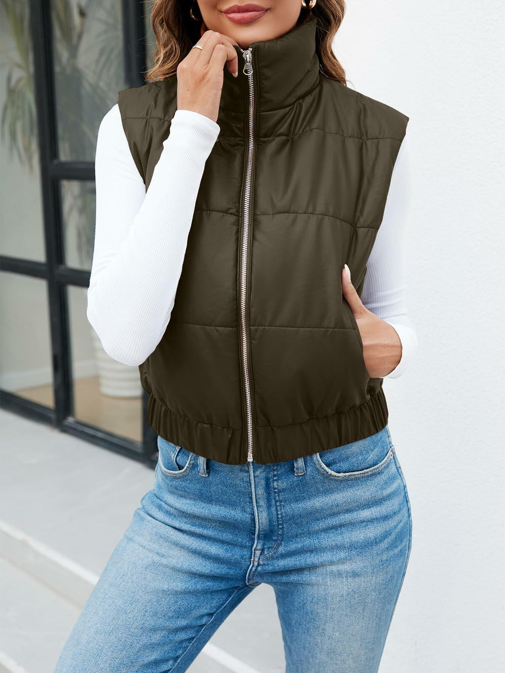 Fisoew Womens Faux Leather Puffer Vest Sleeveless Zip Up Black - Size S