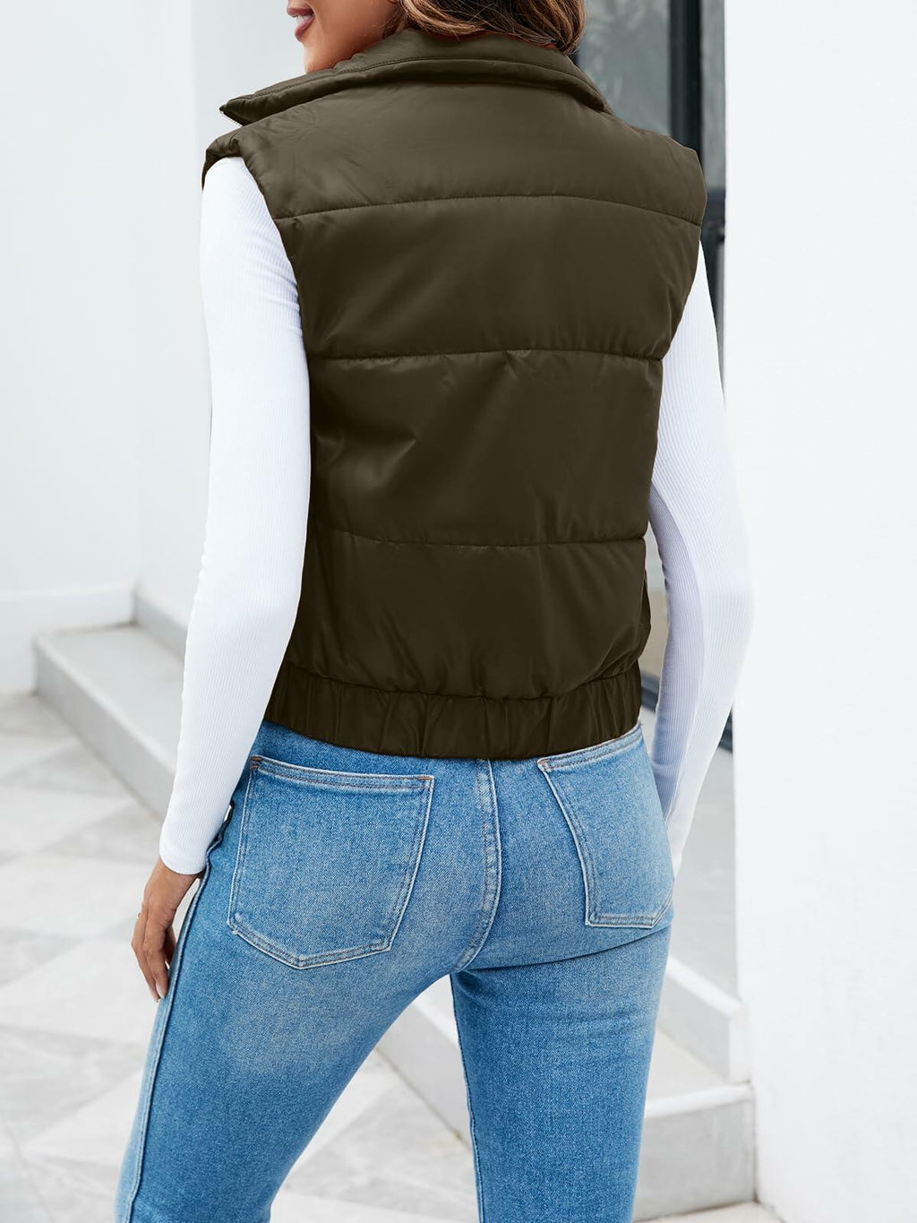 Fisoew Womens Faux Leather Puffer Vest Sleeveless Zip Up Black - Size S