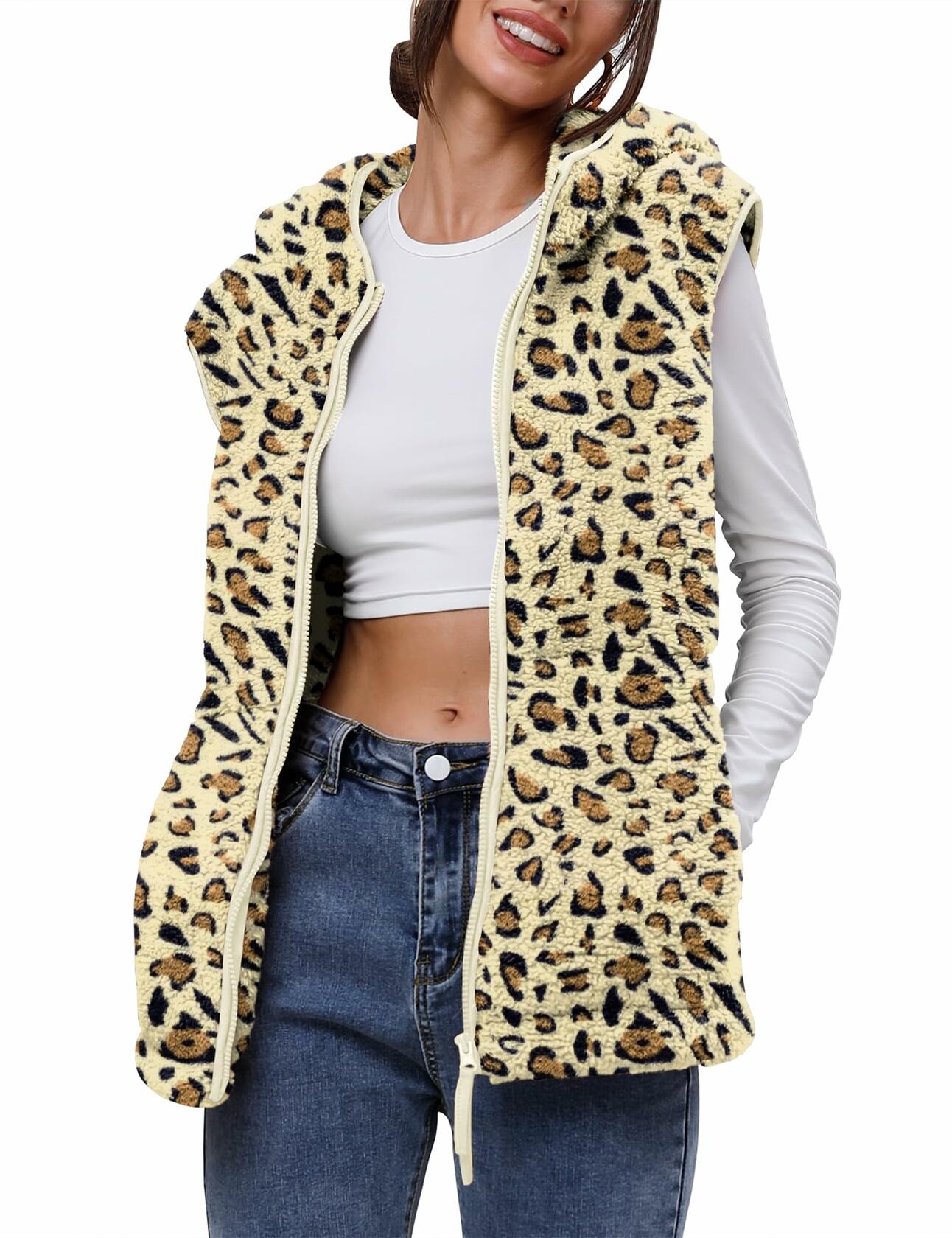 TFSDOD Womens Fuzzy Sherpa Fleece Vest Cozy Sleeveless Sweater White Leopard XXL
