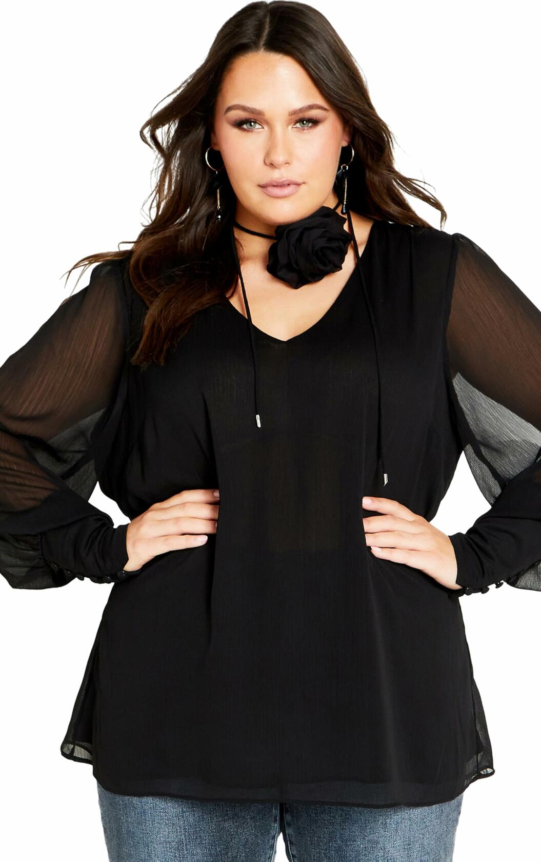 City Chic Women's Plus Size Fleur 2PC Decorative Flower Neck Tie Top 18 Black