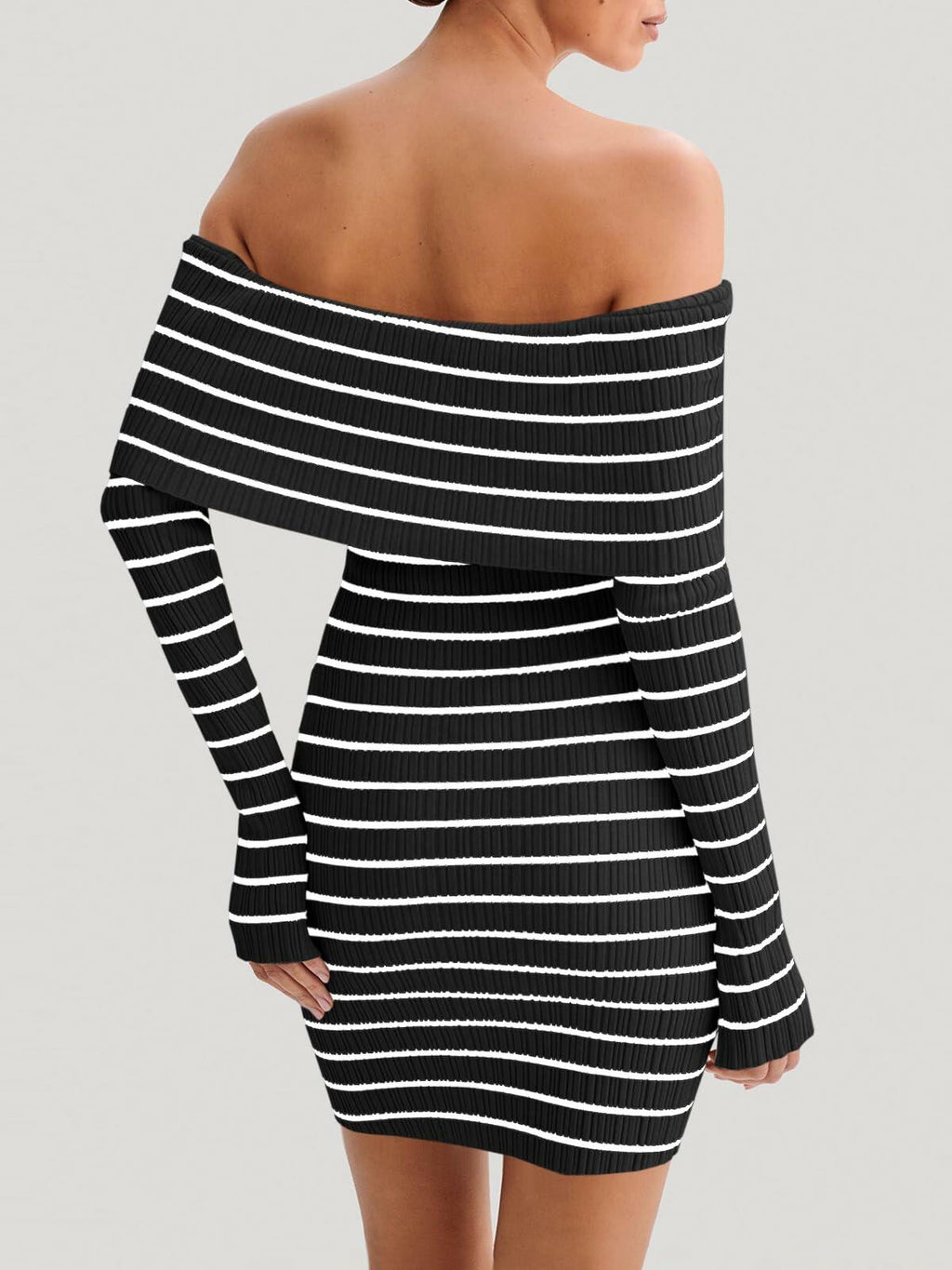 Wenrine Womens Off Shoulder Striped Knit Mini Dress Black Long Sleeve Casual