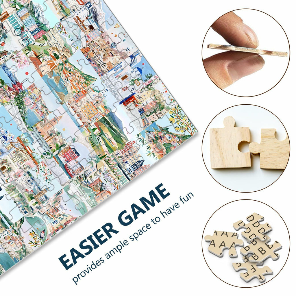 World Travel Wooden Puzzle 1000 Pieces - 49 Travel Posters Jigsaw Decor