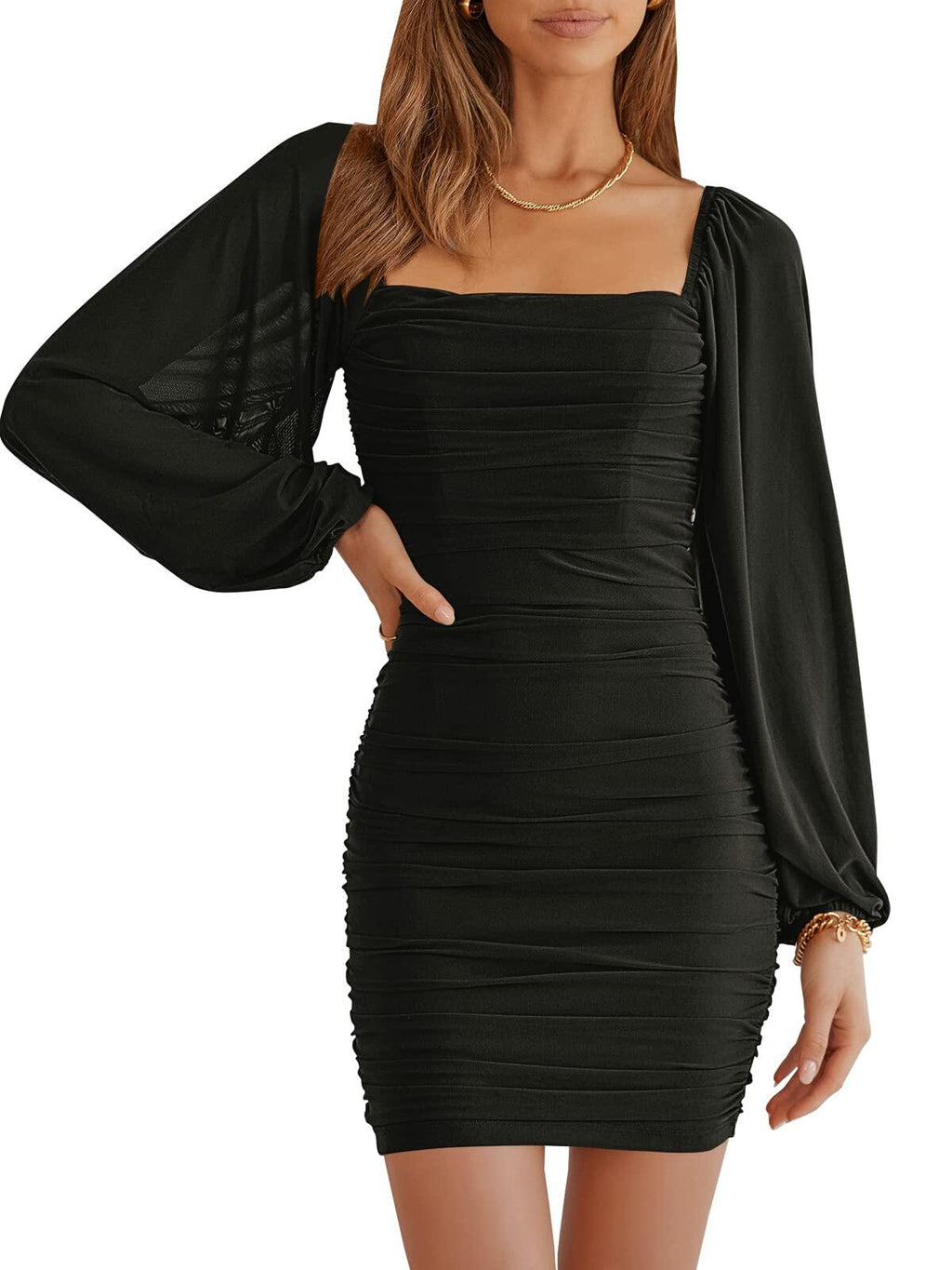 ANRABESS Women's Ruched Bodycon Mini Dress Black XL Long Sleeve