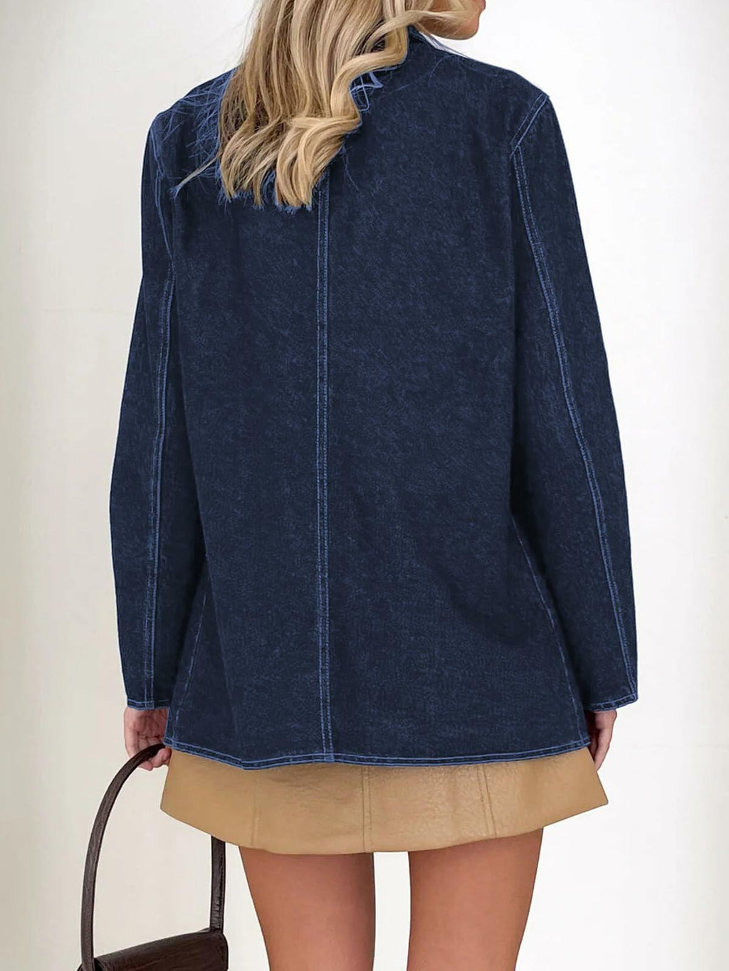 Fisoew Womens Denim Blazer Jacket Long Sleeve Blue Single Breasted - Medium