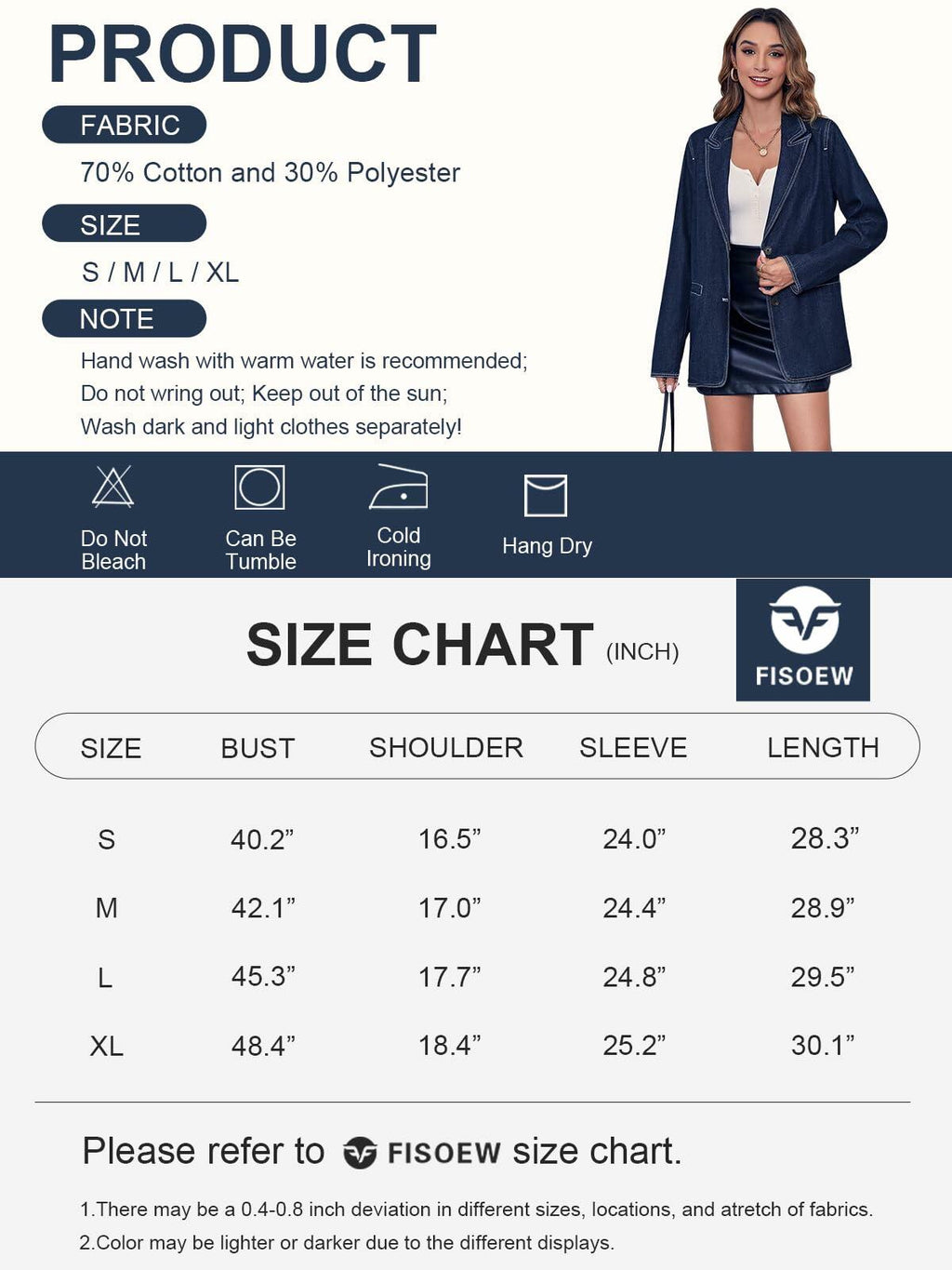 Fisoew Womens Denim Blazer Jacket Long Sleeve Blue Single Breasted - Medium