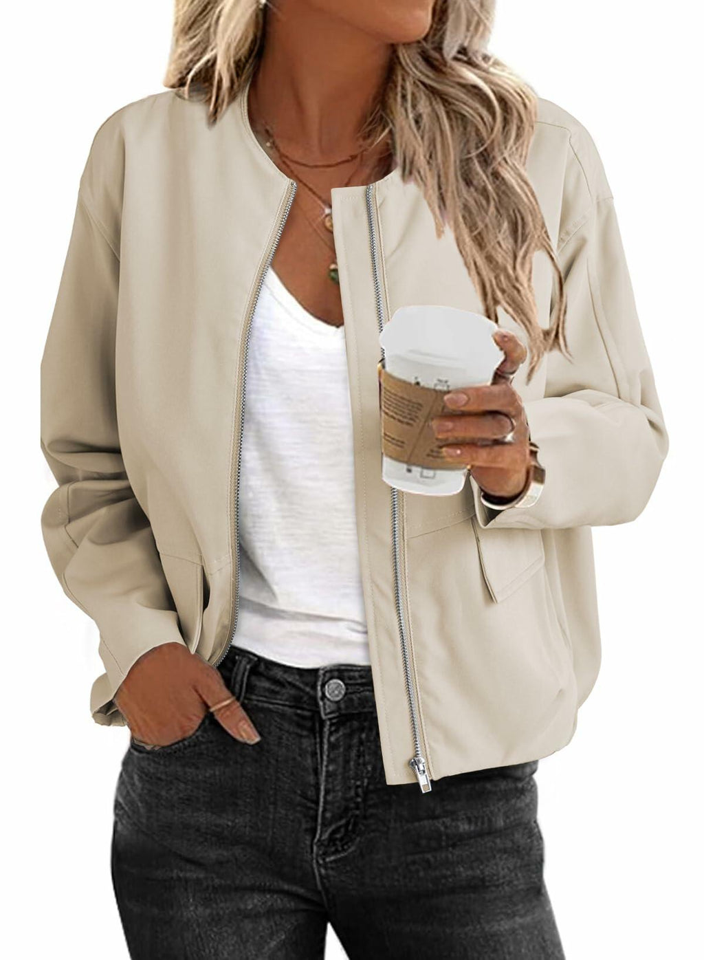 EVALESS X-Large Apricot Crop Windbreaker Jacket Fall 2024 Bomber Jacket