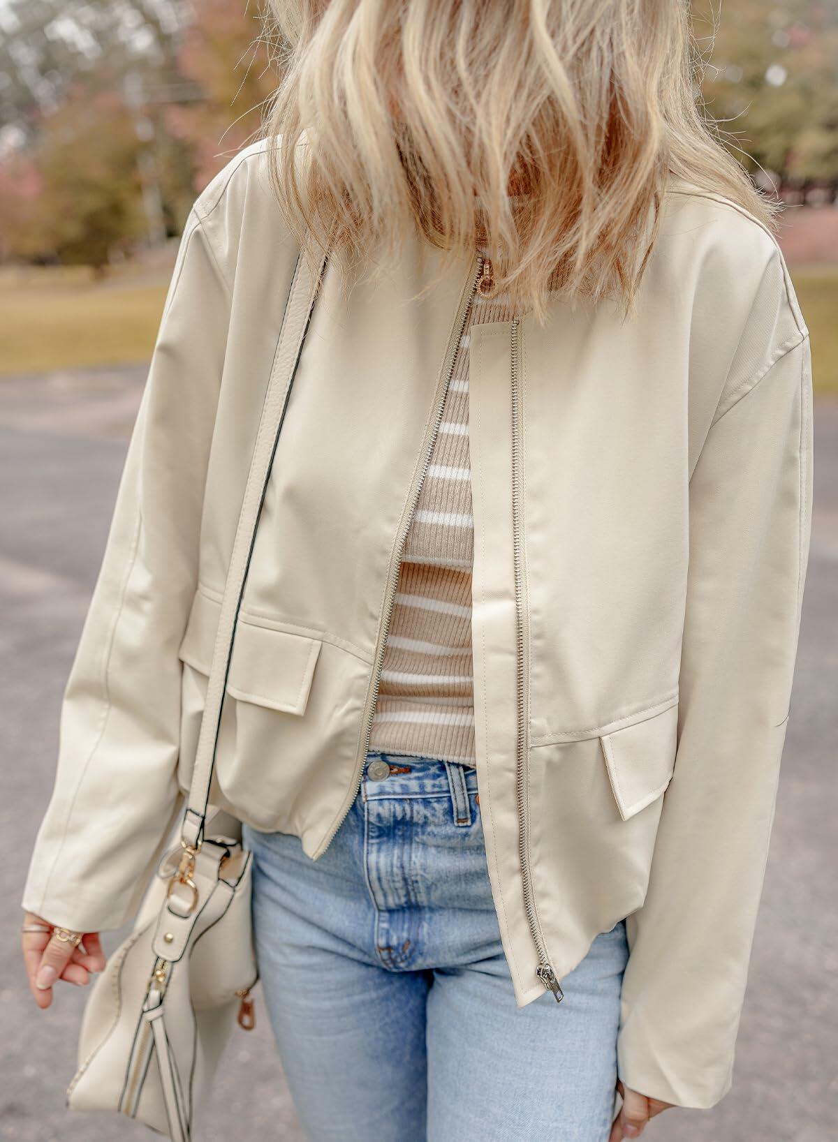 EVALESS X-Large Apricot Crop Windbreaker Jacket Fall 2024 Bomber Jacket