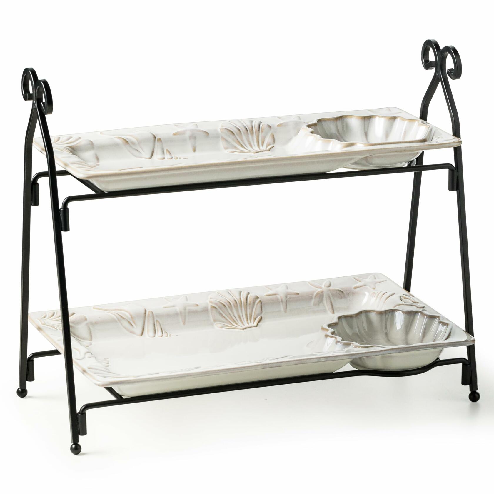Shell Rectangle Chip and Dip Serving Set Black Tiered Tray Dessert Display