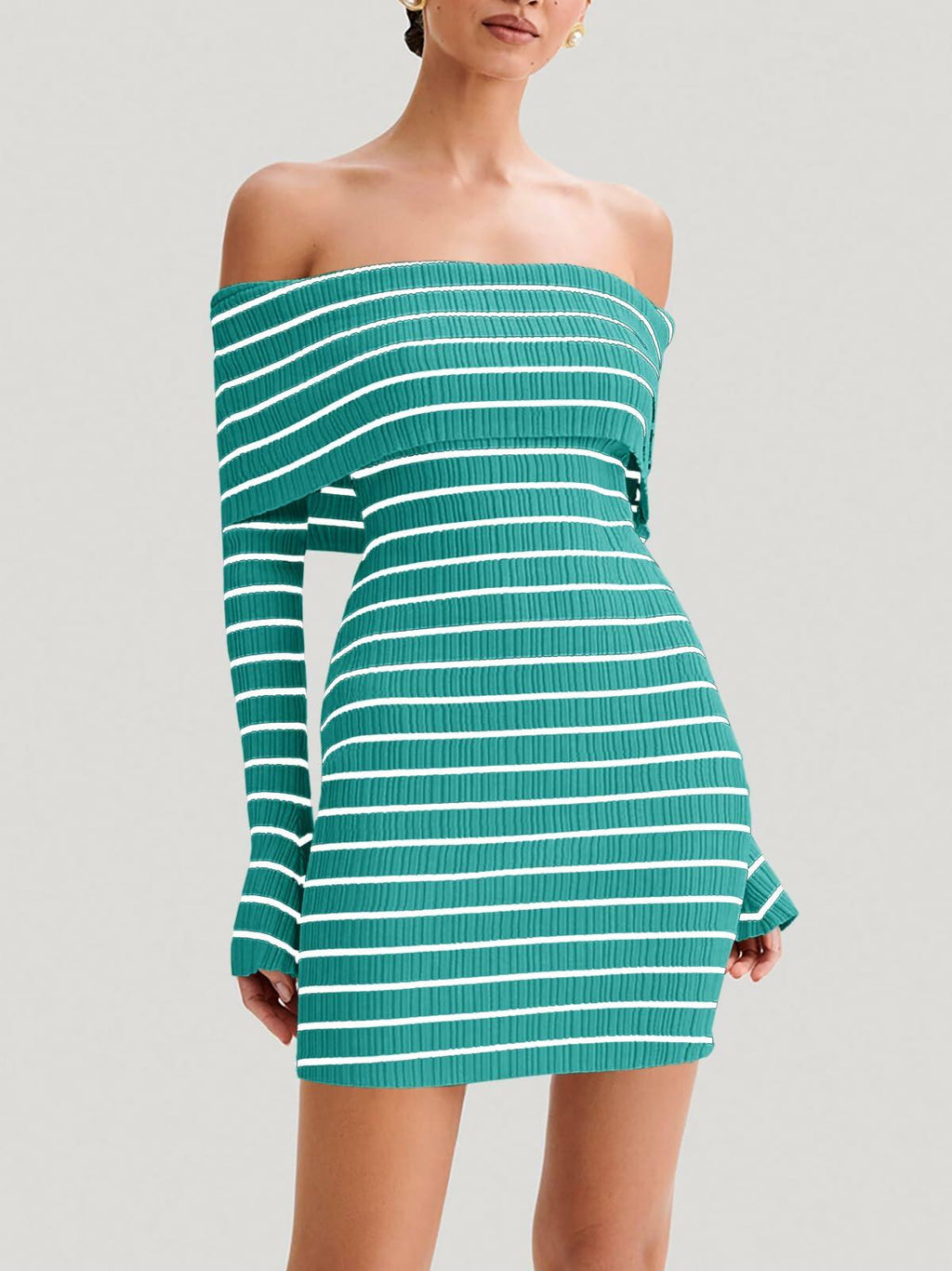 Wenrine Womens Off Shoulder Knit Mini Dress Blue Bodycon Long Sleeve Size S