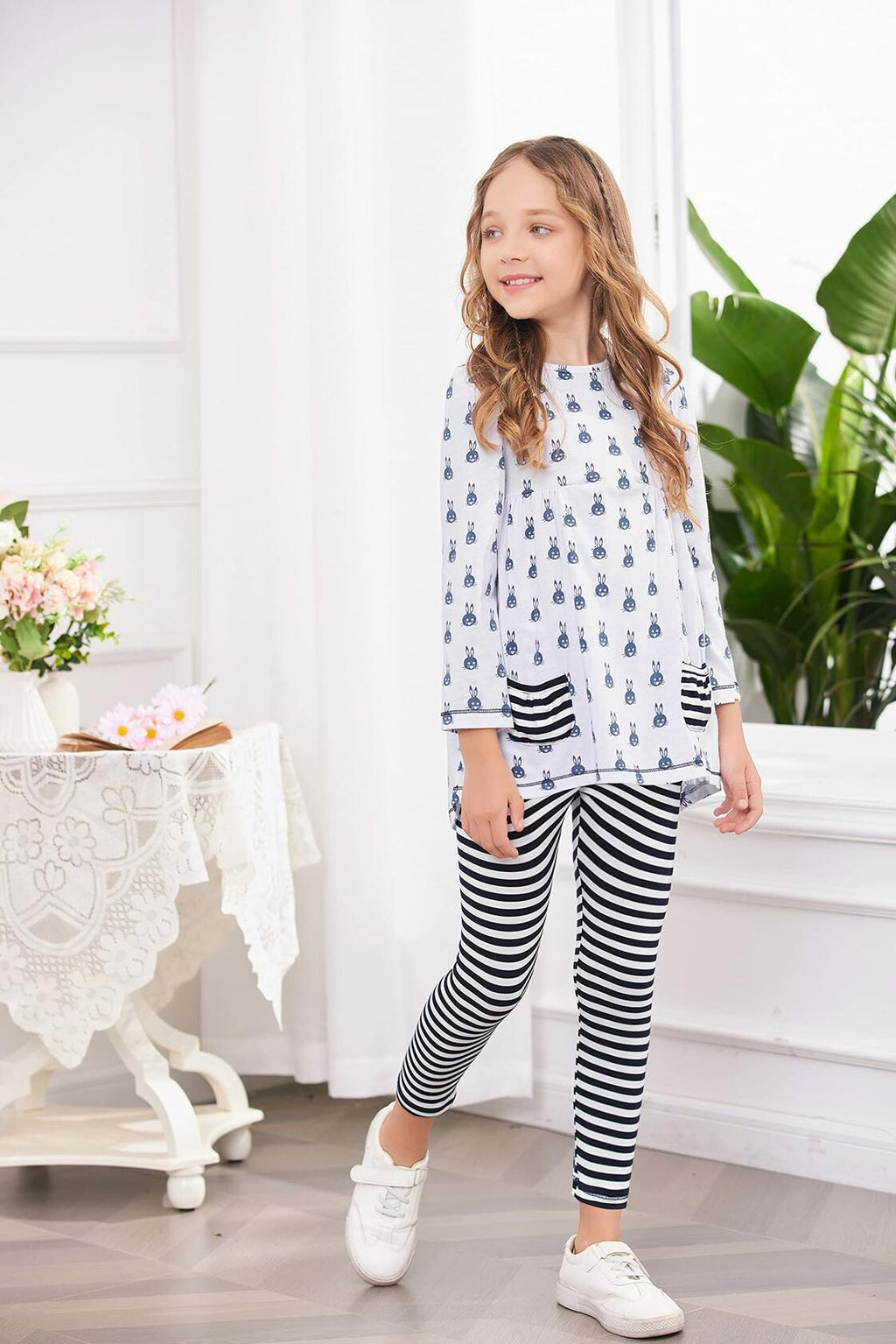 Arshiner Girls 2pc Cotton Outfit Rabbit Print Navy Blue Size 4-5