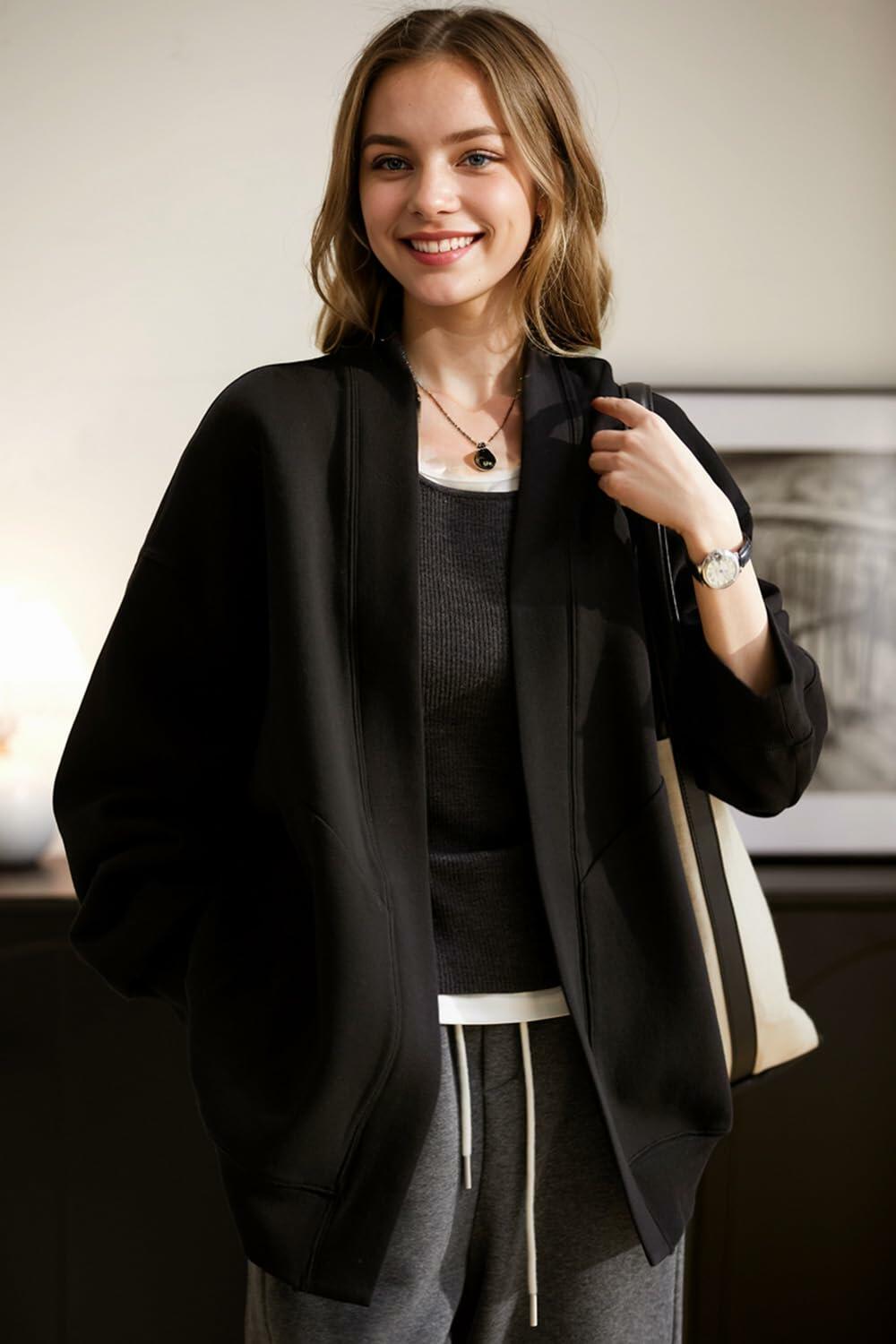 LICOBOD Women's Lightweight Cotton Open Front Hoodie Coat Black, Size L