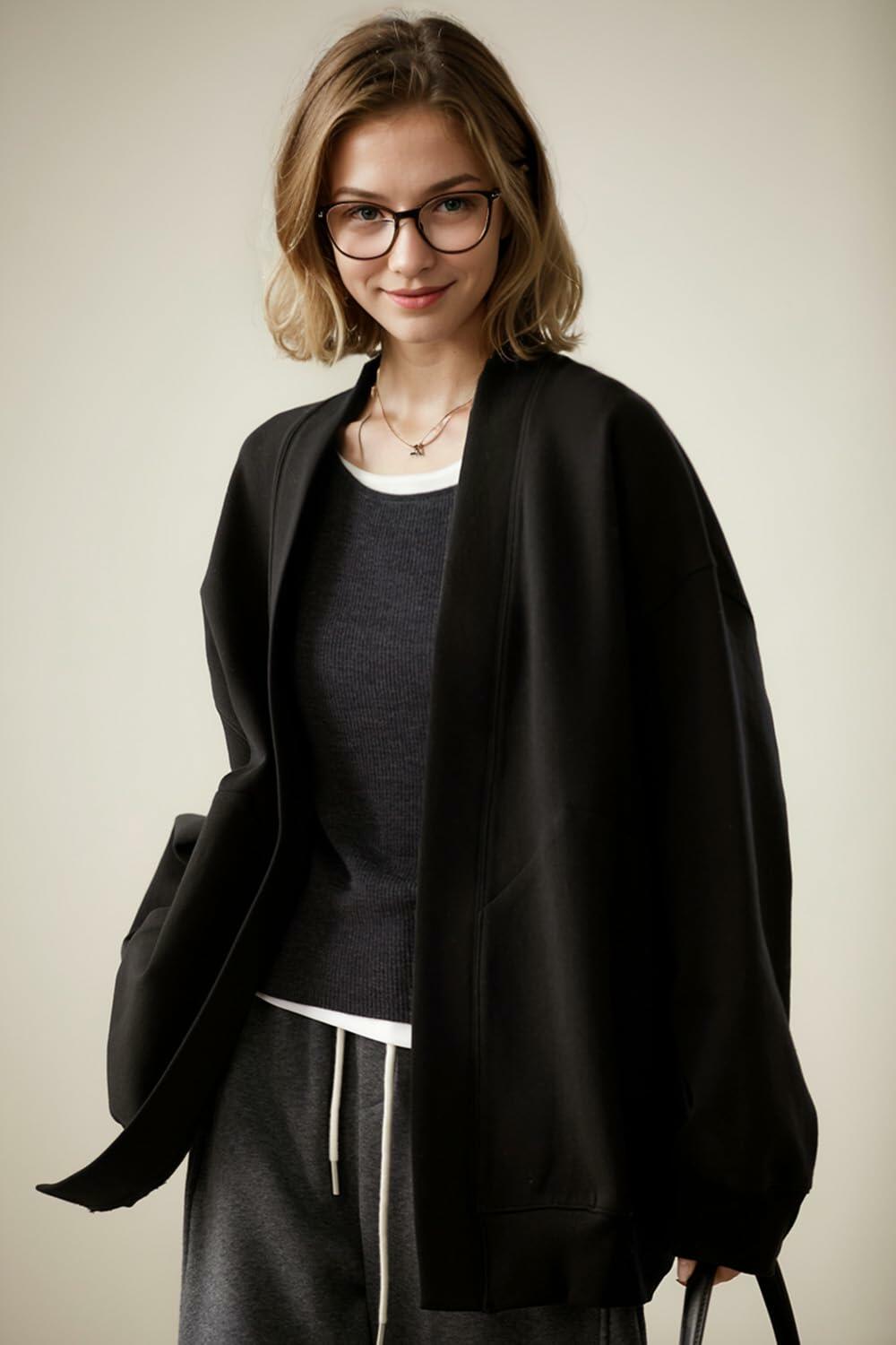 LICOBOD Women's Lightweight Cotton Open Front Hoodie Coat Black, Size L