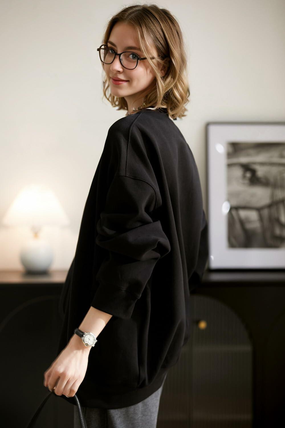 LICOBOD Women's Lightweight Cotton Open Front Hoodie Coat Black, Size L