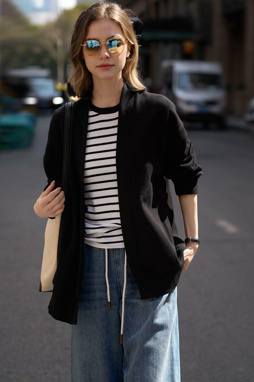 LICOBOD Women's Lightweight Cotton Open Front Hoodie Coat Black, Size L