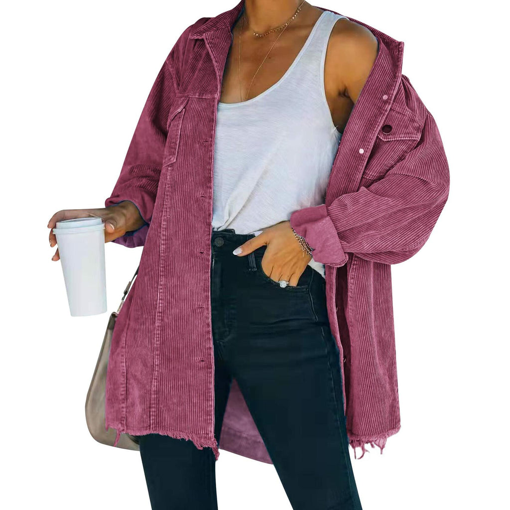 Hixiaohe Women's Corduroy Oversized Shirt Jacket Coat Light Wine Size S